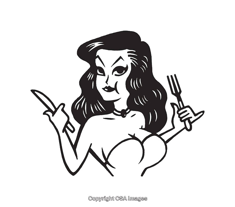 Black and White Line Art of a Woman Holding Fork and Knife