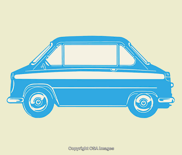 Flat Design Retro Blue Car Illustration on Beige Background