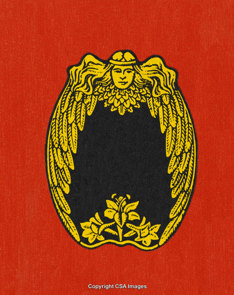 Vintage Ornamental Frame with Angel-Like Figure on a Red Background