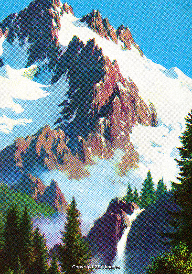 Majestic Snow-Covered Mountain with Waterfall Amidst Lush Green Pines
