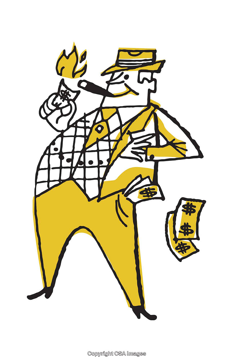 Humorous Illustration of Wealthy Smoker Burning Money with a Cigar