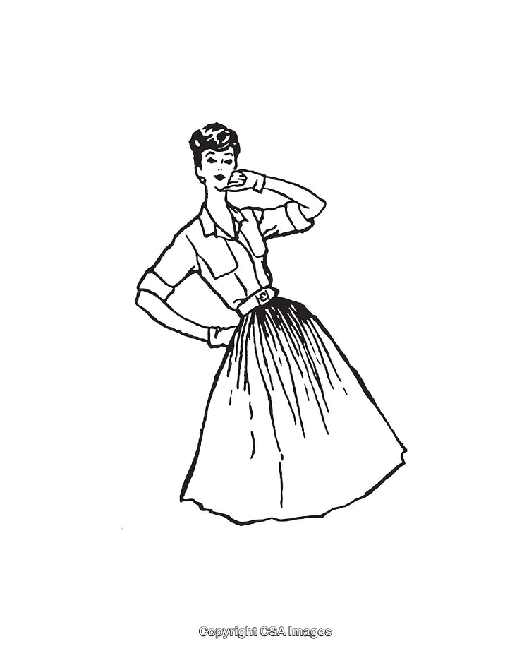 Hand-Drawn Retro Elegant Woman in Classic Attire Line Art