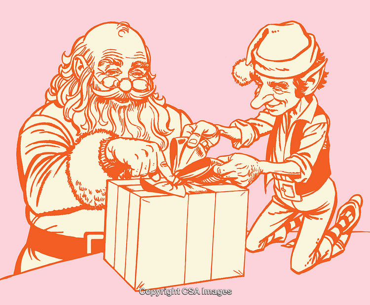 Santa Claus and Elf Wrapping Present in Festive Illustration