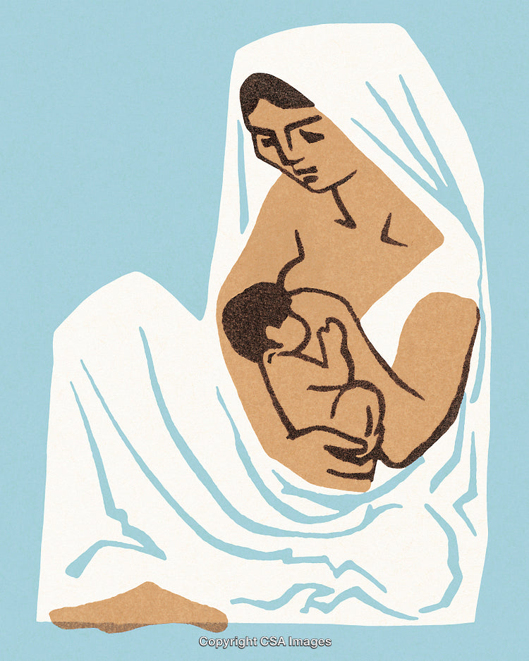 Illustrated Mother Breastfeeding Infant in Calm Minimalist Artwork Style