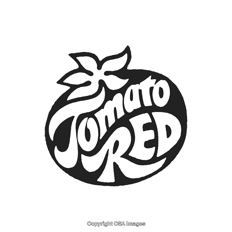 Retro Styled Tomato Illustration Featuring Artistic Lettering and Unique Design