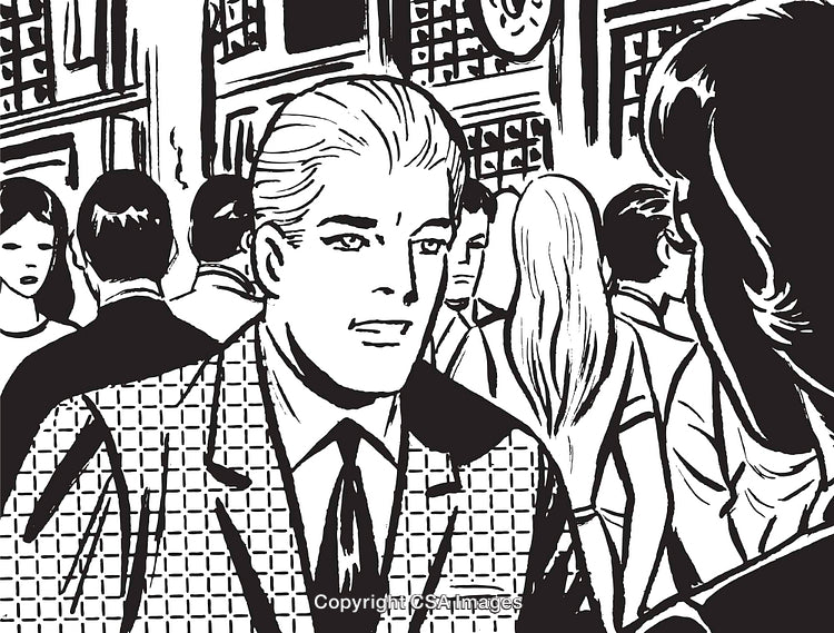 Black and White Illustration of a Businessman in a Crowded City Setting