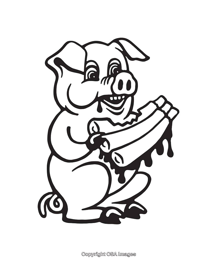 Playful Pig Cartoon Eating Barbecue Ribs in Black and White Illustration