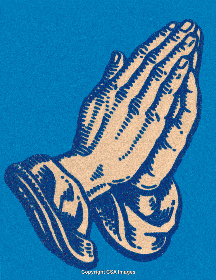 Illustrated Praying Hands on Blue Background Evoking Serenity and Spirituality
