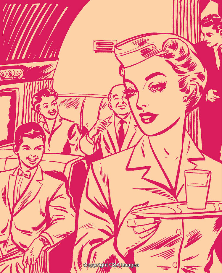 Vintage Illustration of Airline Stewardess Serving Smiling Passengers on a Flight