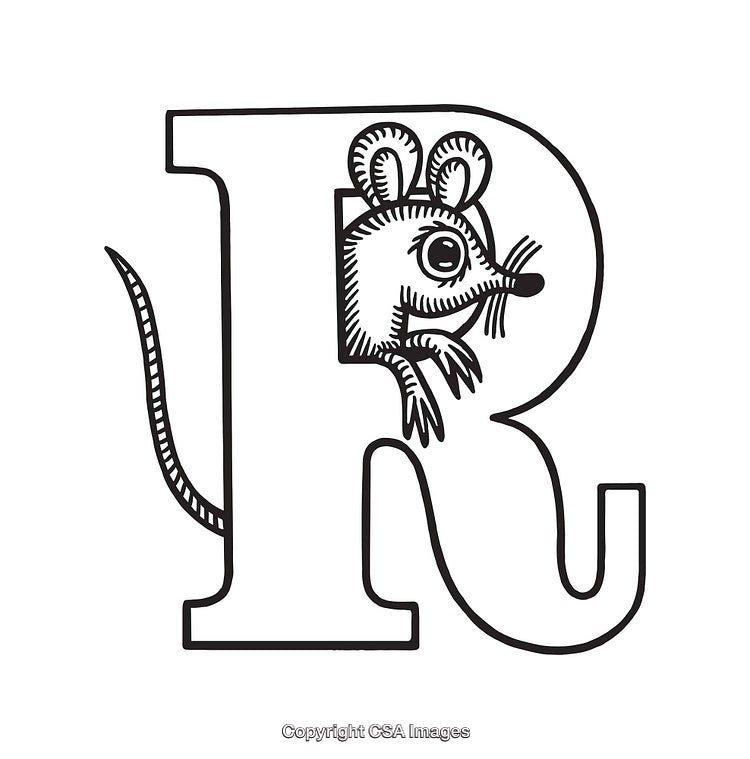 Letter R with Artistic Line Art Mouse Illustration