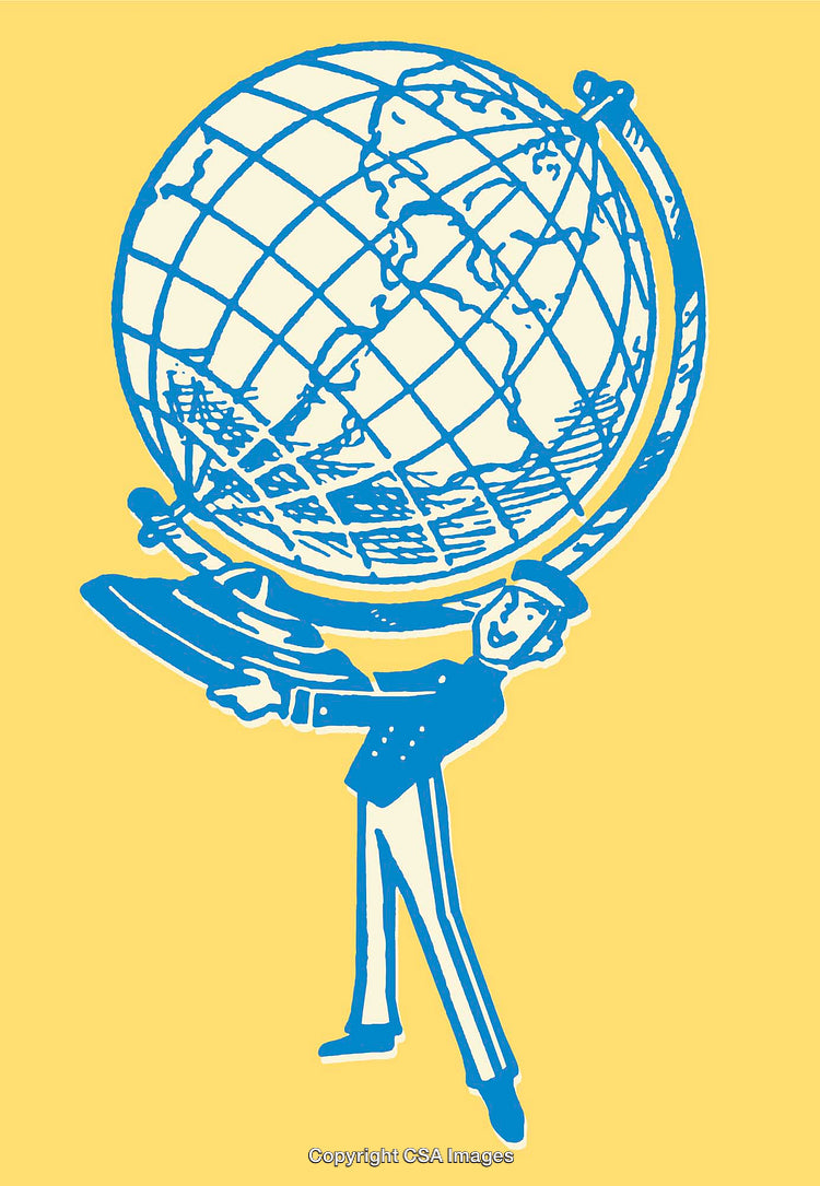 Whimsical Illustration of a Man Balancing a Globe in Blue Line Art