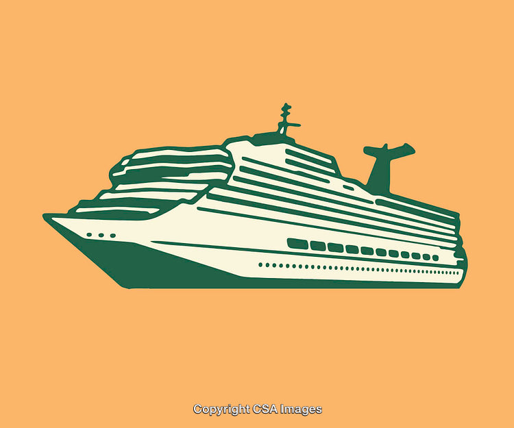 Color Line Art Illustration of a Modern Cruise Ship on Orange Background