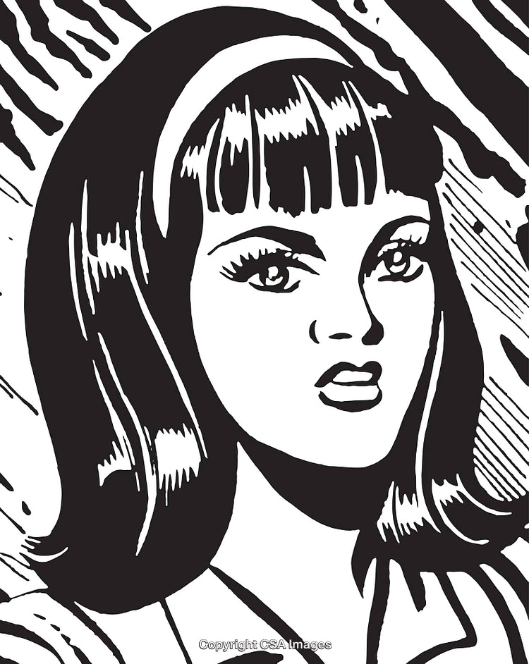 Pop Art Style Illustration of a Woman with Expressive Eyes in Black and White