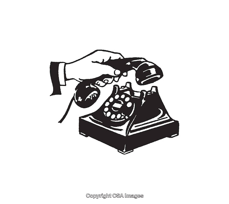 Vintage Handheld Telephone Line Art Illustration in Retro Black and White Style