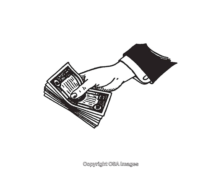 Black and White Illustration of a Hand Holding Stack of Money