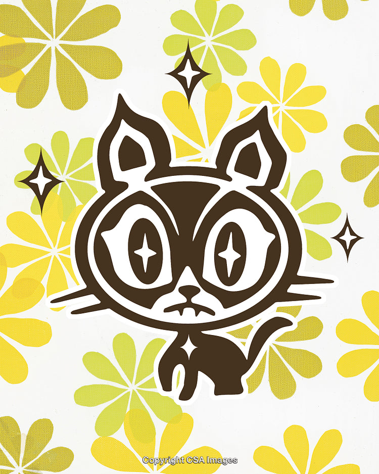 Whimsical Cartoon Style Cat With Floral Design and Sparkling Eyes
