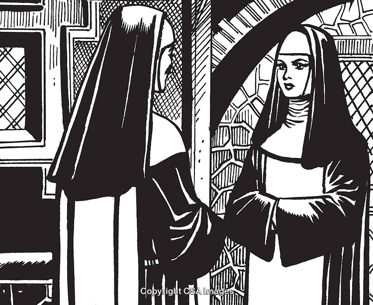 Black-and-White Illustration of Two Nuns Conversing in a Medieval Hallway