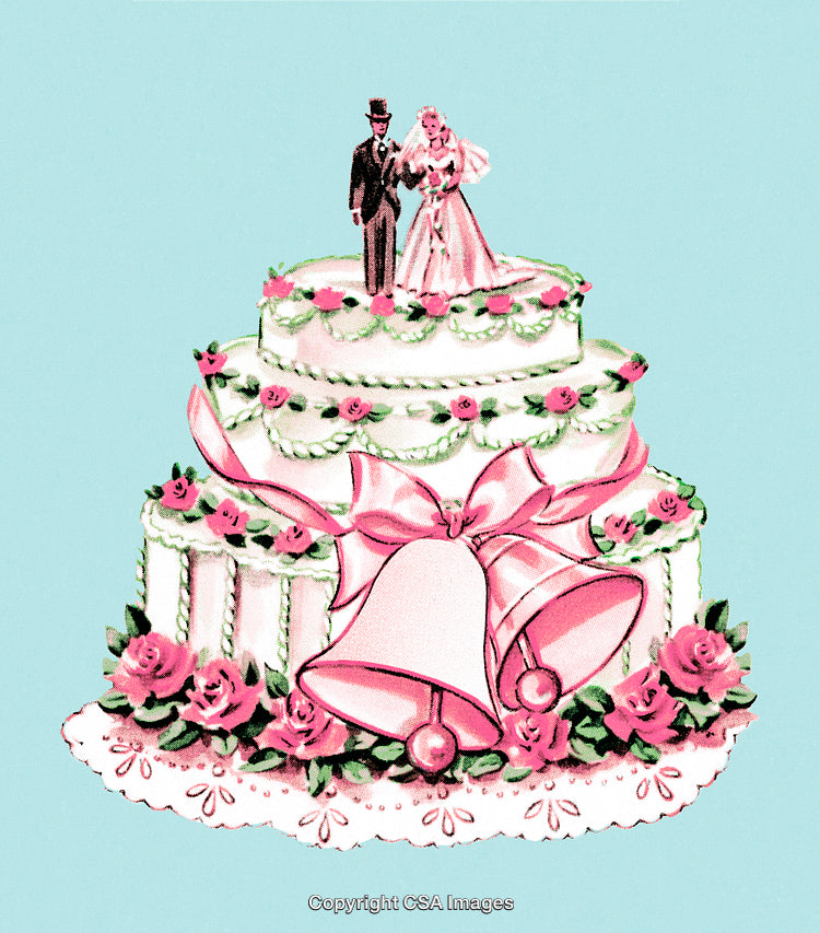 Elegant Vintage Wedding Cake Illustration With Pink Details and Bride and Groom Figurines