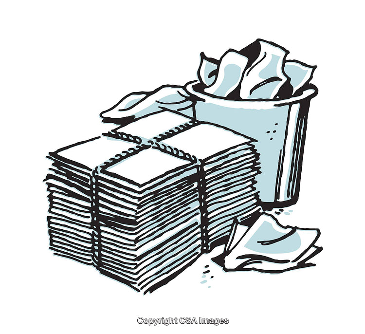 Illustration of Stacked Papers and Waste Bin in Monochrome Style