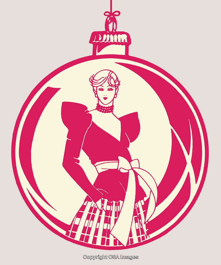 Stylized Fashion Illustration in Ornament Shape with Pattern Detailing