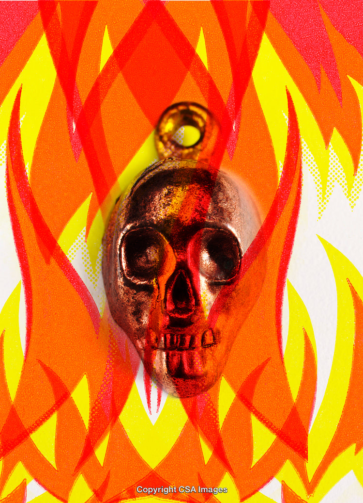 Bronze Skull Pendant Surrounded by Fiery Flames in Artistic Composition