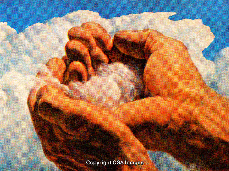 Majestic Hands Cradling Clouds Against a Vibrant Blue Sky Background