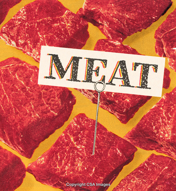 Artistic Display of Raw Meat Pieces with Grainy Printed Texture Effect