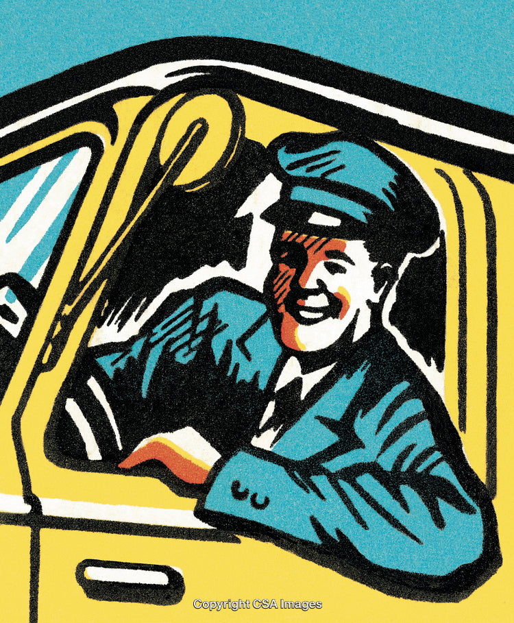 Vintage Illustration of a Smiling Driver in a Yellow Vehicle's Window