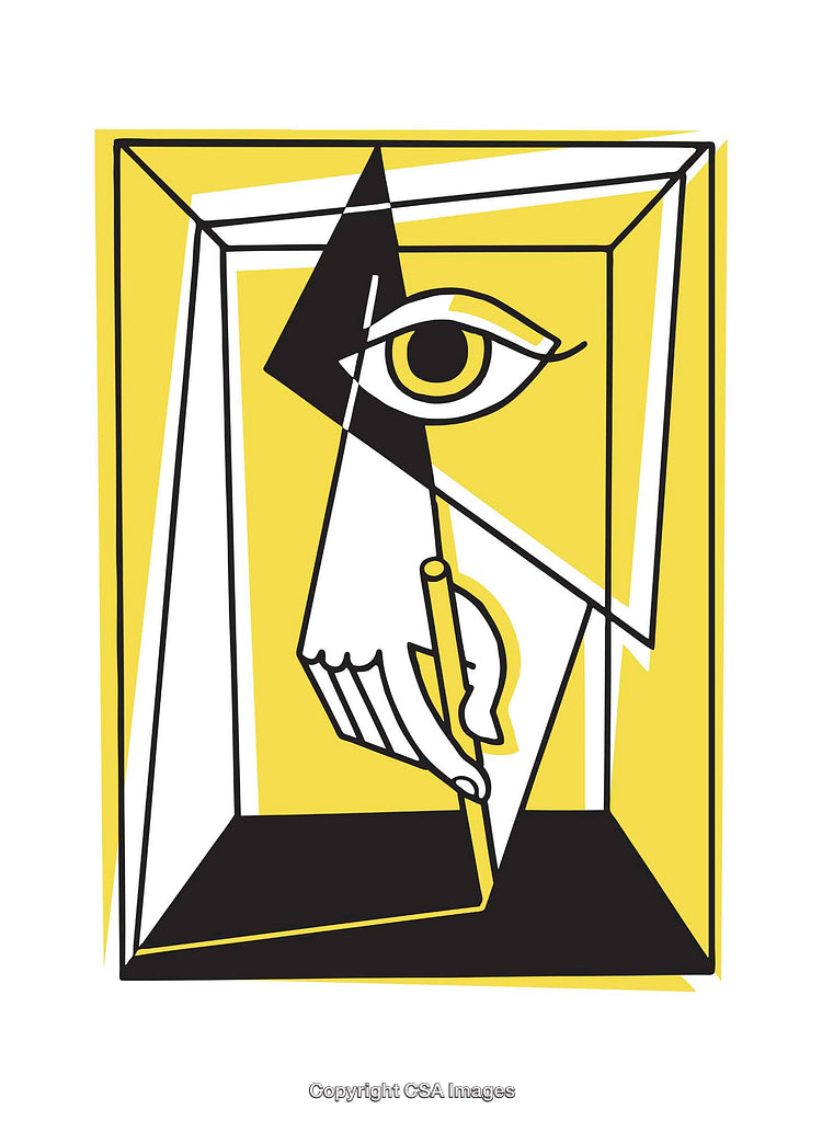 Abstract Geometric Illustration With Eye and Hand Holding Pencil