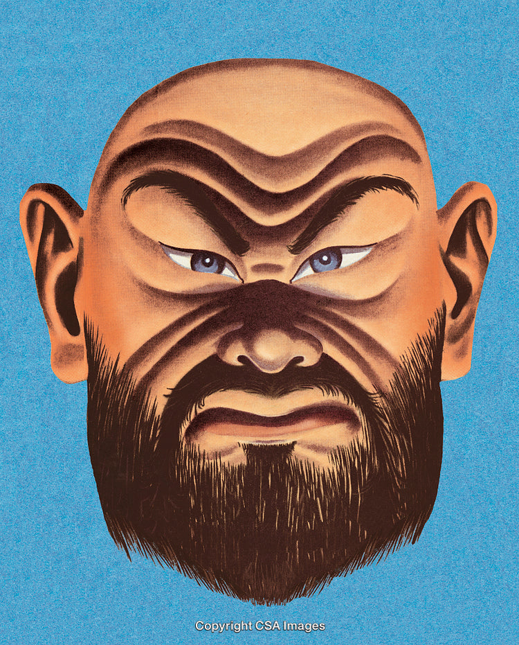Illustrated Character with Bold Features and Intense Expression in Vibrant Colors