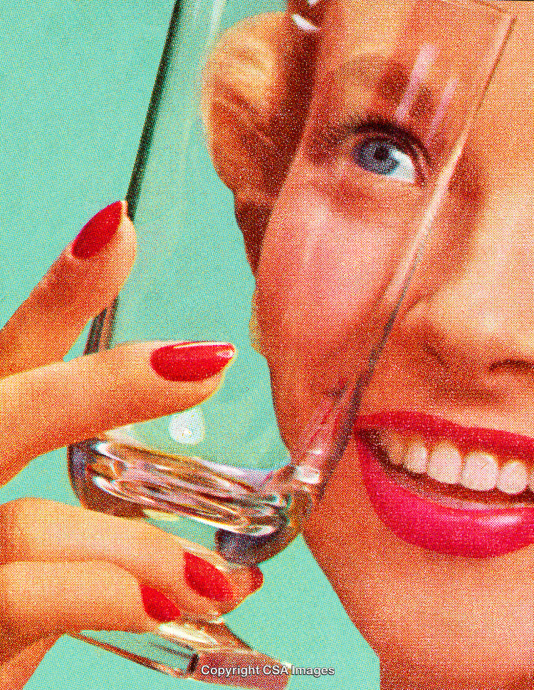 Vintage Retro Styled Close-Up of Woman Holding a Glass with Joyful Smile