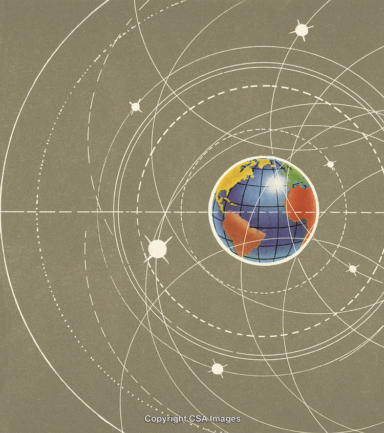 Abstract Earth Illustration with Orbit Lines and Satellite Graphics