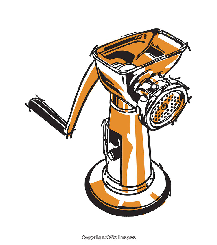 Stylized Illustration of a Vintage Manual Meat Grinder in Orange and Black