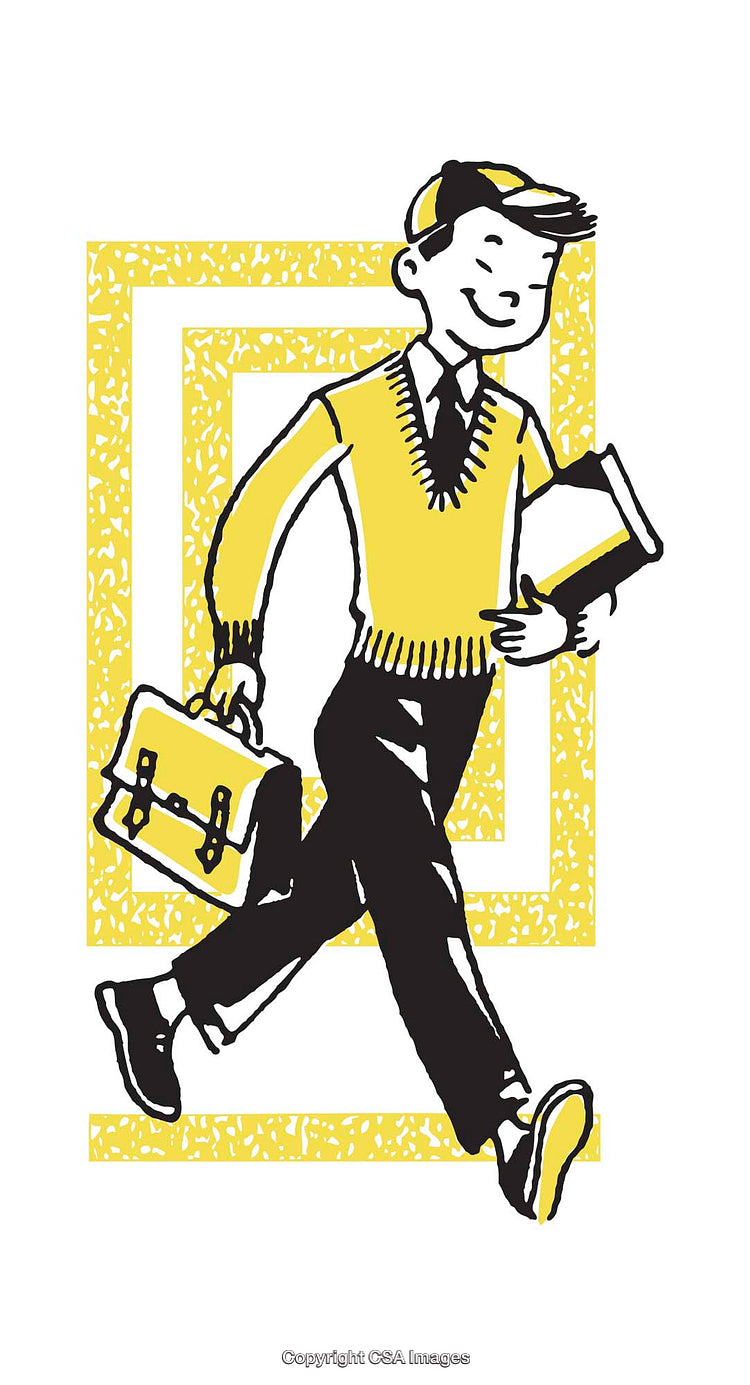 Retro Style Illustration of a Young Student Walking Happily with Books
