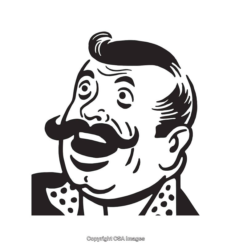 Retro Style Black and White Line Art of Surprised Man with Mustache