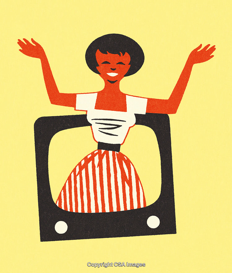 Retro Illustration of a Cheerful Woman in Television Frame on Yellow Background
