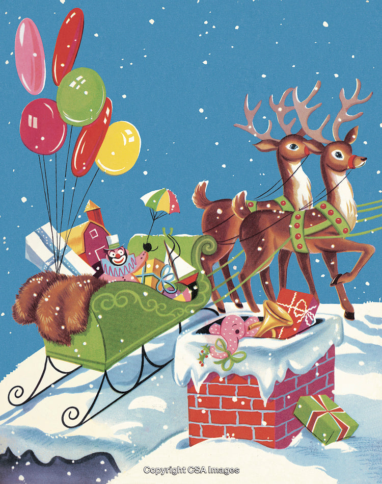 Festive Christmas Scene with Santa's Sleigh, Reindeer, and Gifts in Snow