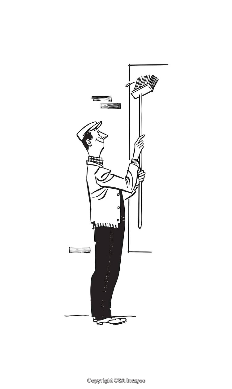 Vintage Line Art of a Gentleman Cleaning with a Long-Handled Broom