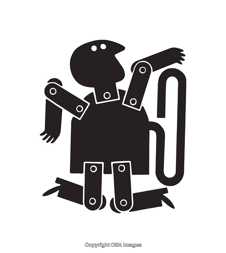 Black and White Modular Doll Illustration with Abstract Shapes