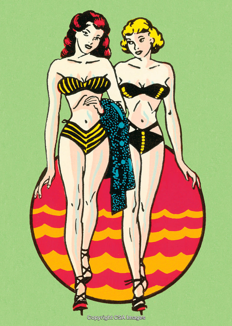 Retro Illustration of Two Women in Swimwear with Vibrant Geometric Background
