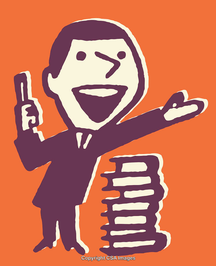 Colorful Line Art Illustration of Exuberant Character Next to Stack of Books