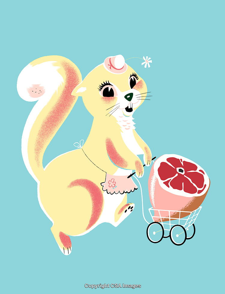 Cartoon Squirrel Joyfully Pushes Shopping Cart With Large Ham on Bright Background
