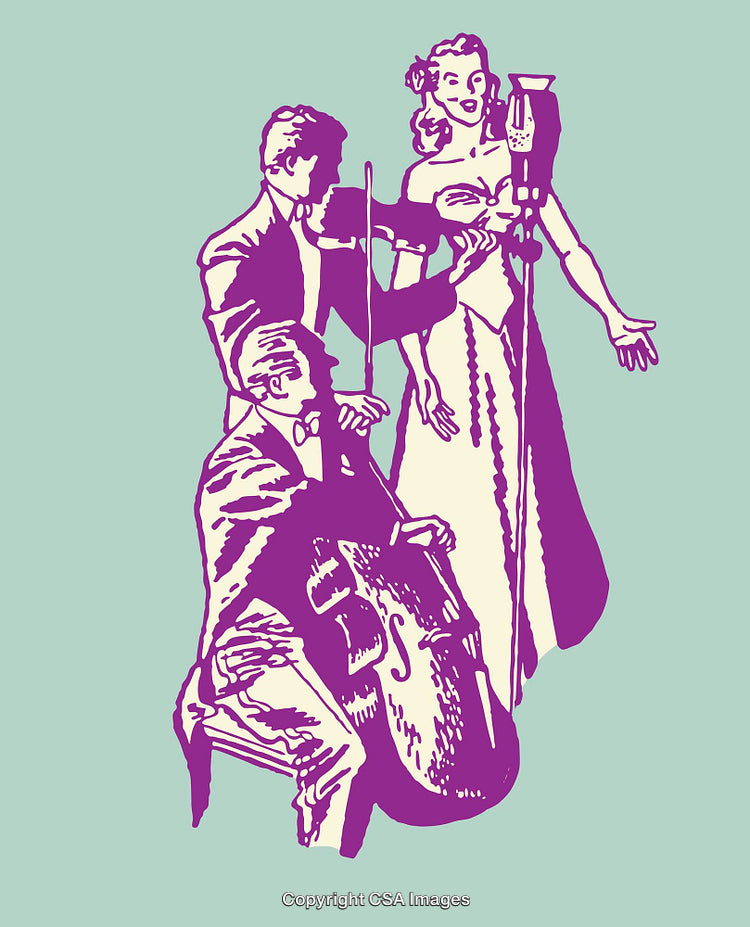 Retro Line Art of Music Performance Featuring a Singer and Orchestra