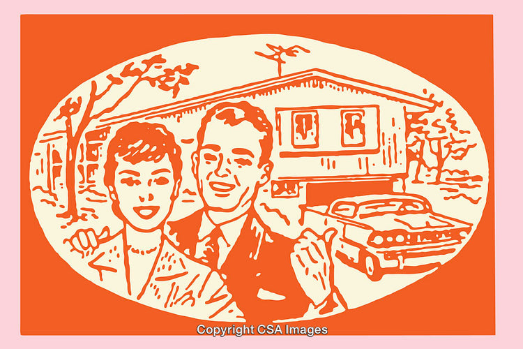Retro Illustration of a Happy Couple and Their Family Home