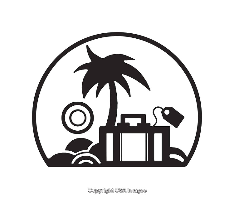 Black and White Travel Icon Featuring Palm Tree and Suitcase