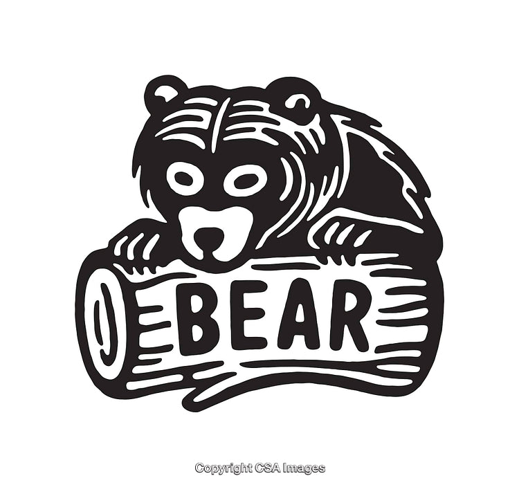 Black and White Illustration of a Bear and Text on a Log