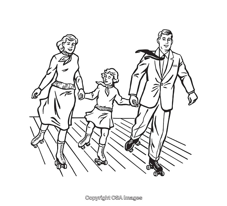 Black and White Line Art of a Family Enjoying Roller Skating Together