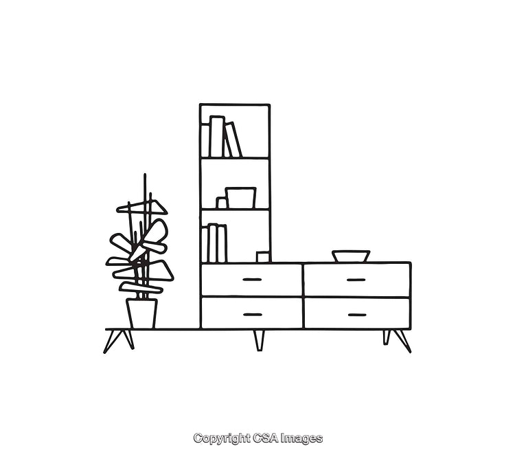 Black and White Line Art of Minimalist Furniture and Potted Plant Design
