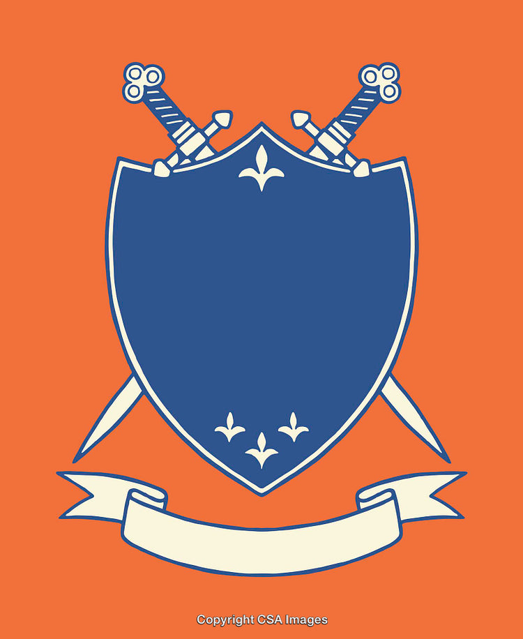 Blue Shield with Swords on Orange Background with Decorative Banner