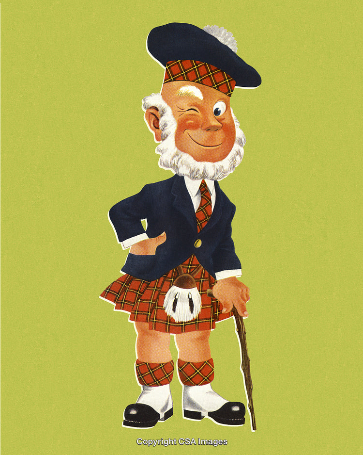 Cartoon Figure Dressed in Scottish Attire Winking Confidently